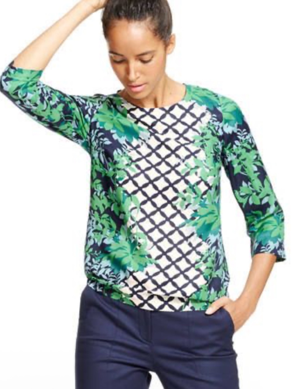 Boden Green & Navy Printed Boatneck Silk Blend Top Size: 8